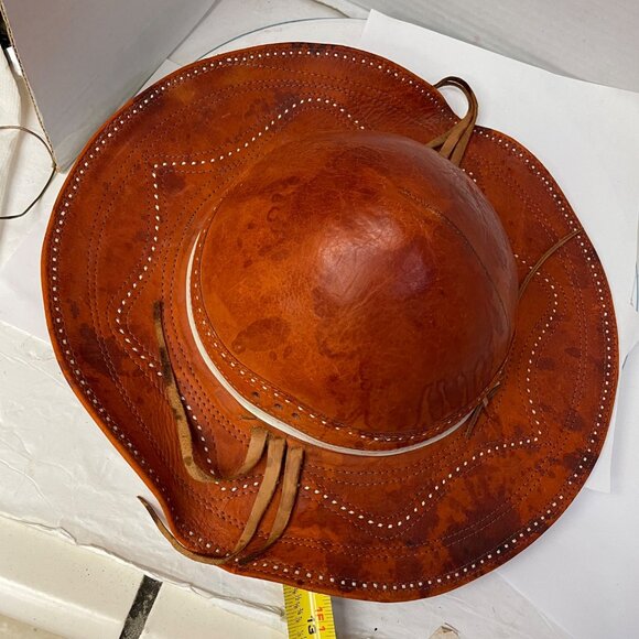 Wide Brim Vintage Leather Sun Hat Handmade Brazilian Natural Western Slouch Kid - Picture 15 of 15